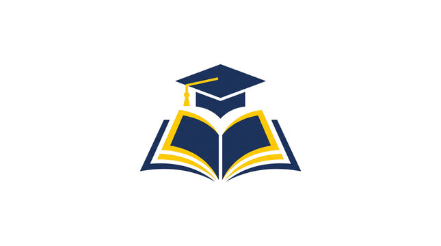 Academic education logo with graduation cap and open book. Navy blue and yellow university emblem. Scholarly learning icon for school branding. isolated PNG with Transparent Background