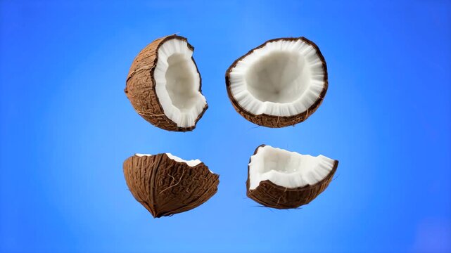 Cracked open coconut halves and broken shell pieces floating dynamically in mid-air isolated on a bright blue background. Ideal for tropical beverage commercials, cosmetics marketing, coconut water ad