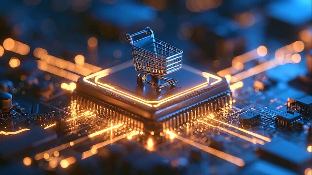 Digital commerce processor with shopping cart symbol on illuminated motherboard, futuristic fintech and online retail concept, smart payment hardware, connected marketplace technol
