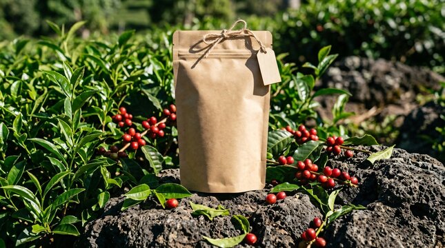 Coffee bag with coffee cherries and tea plants