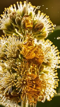 Golden liquid drips from a dropper onto delicate white flower petals, showcasing the interaction of nature and oil in a vibrant, close-up setting