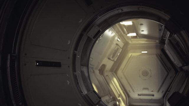 Hexagonal observation dome with soft ambient lighting, central skylight, curved paneling, view ports framing starfield, gentle reflections, habitat module vibe,