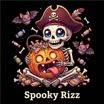 Cute Pirate Skeleton Hugging Pumpkin Candy Bucket Spooky Rizz Halloween Vector Illustration
