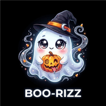 Cute Anime Ghost Witch Holding Pumpkin Boo-Rizz Funny Halloween Vector Illustration