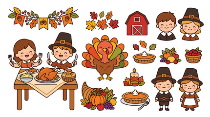 Obraz premium Cute Thanksgiving day elements clip art set with roasted turkey, pilgrim children, pumpkin pie, and harvest icons. Flat doodle cartoon vector illustration.