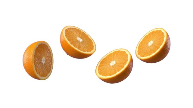 Ripe juicy orange halves floating and tumbling in mid-air isolated on a clean white background. Suitable for orange juice advertising, breakfast product marketing, fresh citrus graphics, healthy lifes