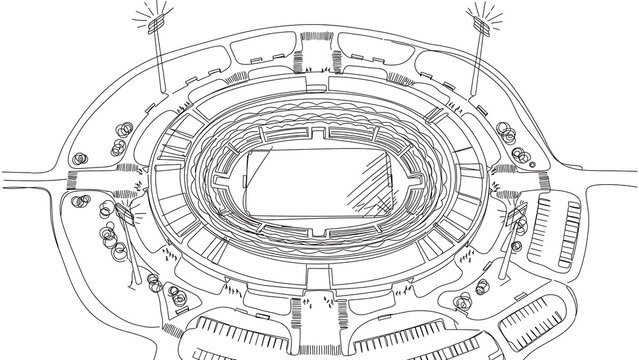 Detailed stadium blueprint illustration white background.