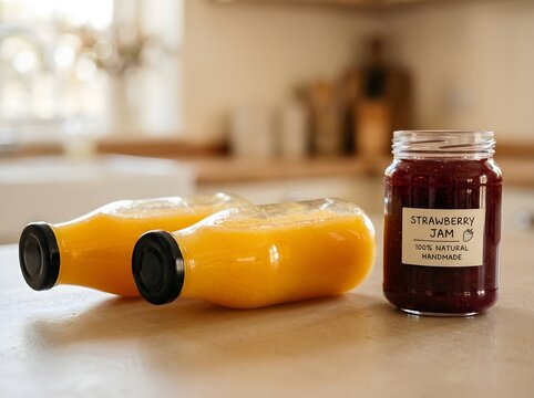 Two bottles of orange juice and a jar of strawberry jam funny animal emoji