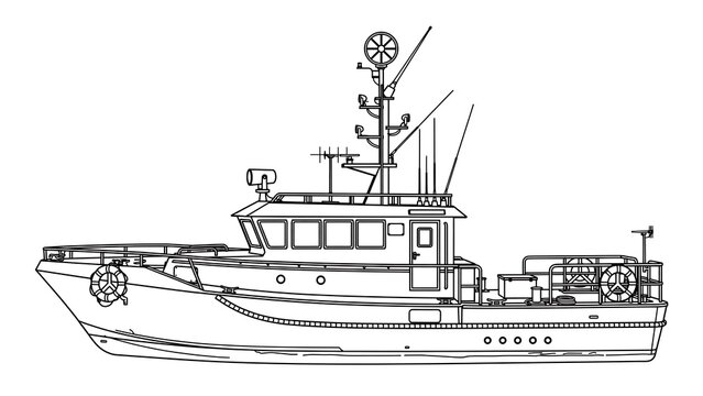 Fishing boat line drawing white background.