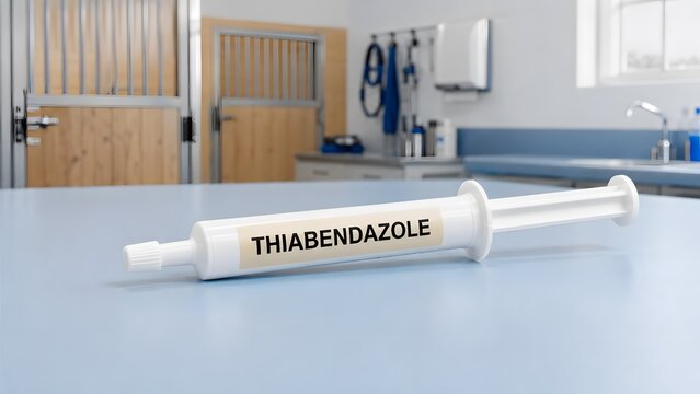 A veterinary oral syringe labeled thiabendazole resting on a table in a clean animal clinic with thiabendazole lying horizontally surface inside veterinary