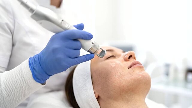 Professional cosmetologist in blue gloves performing a botox, mesotherapy, dermastamp, laser hair removal, facial cleansing, and anti-age procedure on a female client in a modern aesthetic clinic
