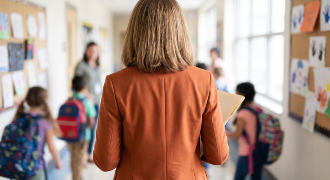School principal walking through hallway with students in elementary school corridor