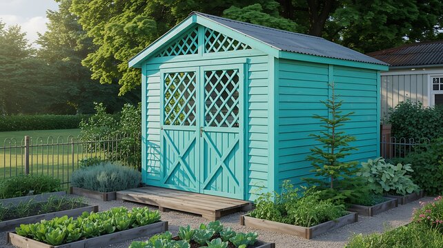 Turquoise wooden garden shed surrounded by vegetable beds and lush greenery