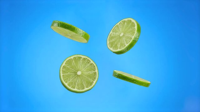 Fresh green lime slices floating and rotating in mid-air isolated on a bright blue background. Great for cocktail commercials, tropical drink marketing, fresh fruit product ads, food splash motion gra