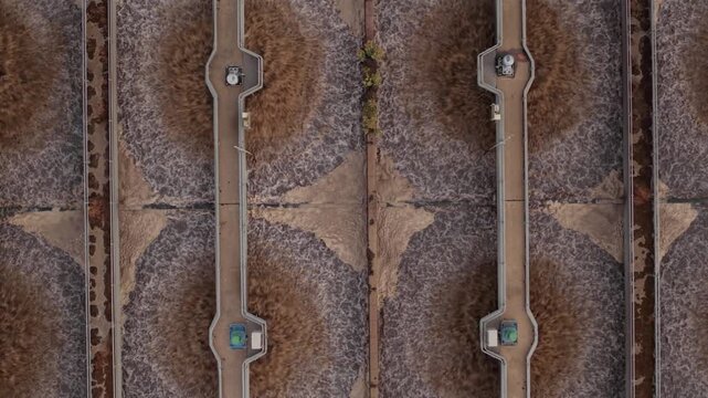 Aerial view of aeration tanks at the Severn Trent Wanlip water treatment plant in Wanlip, England, United Kingdom.