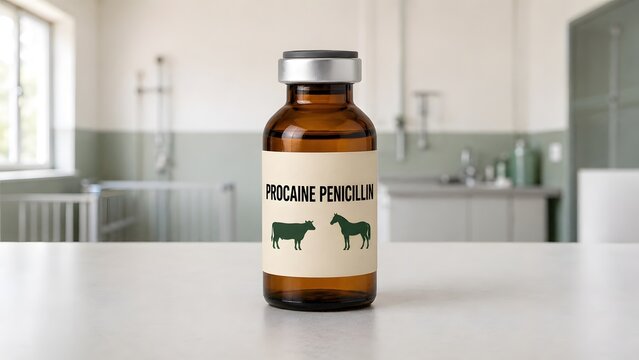 Amber glass vial of procaine penicillin for veterinary use sitting on a laboratory table with surface clinical setting vial labeled livestock stands white surface