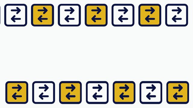 Grid pattern of many yellow transfer exchange arrow icons in square boxes representing repeated data synchronization and file exchange process concept