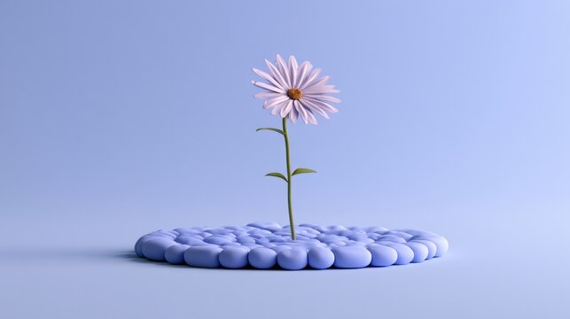 A flower stands in the center of soft dots, all placed on a lavender background. There is space around the design for additional text.