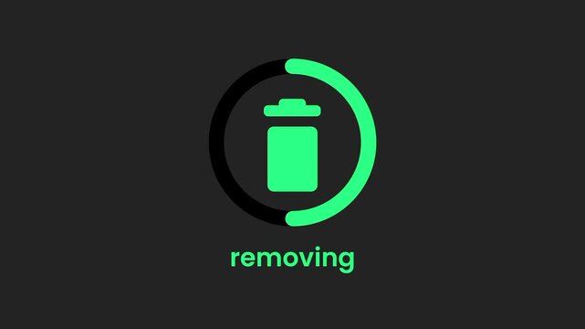 Circular green outline progress ring loading icon paired with a small trash bin symbol representing the removing or uninstalling application process