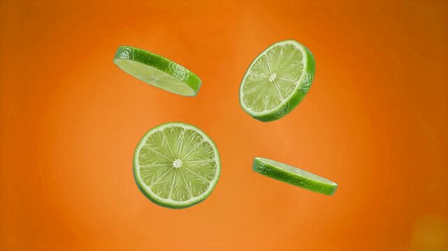 Bright green lime slices floating and rotating in mid-air isolated on a vibrant orange backdrop. Suitable for cocktail commercials, Mexican food advertising, citrus drink promos, fresh fruit motion gr