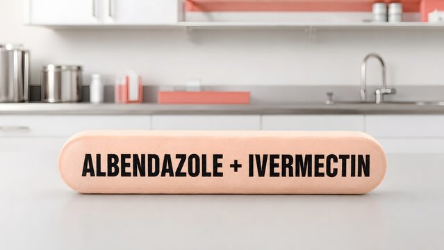 A peach colored veterinary bolus with text label sits on a white surface in kitchen with albendazole ivermectin printed inside kitchen setting close with setting