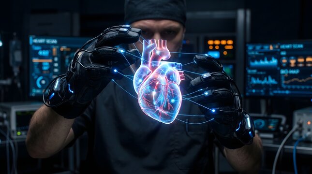 Surgeon Interacting with a High Tech Holographic Human Heart Model in a Advanced Digital Medical Laboratory Environment