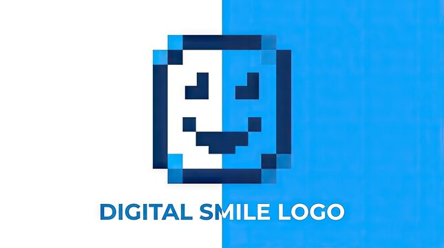 Digital smile logo with blue pixel face icon