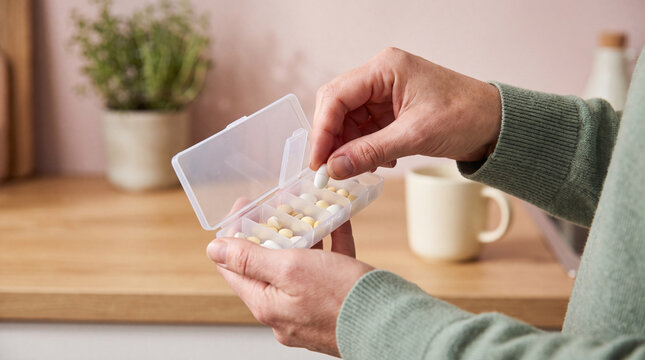 A close-up of a person's hand taking a pill from a pillbox with compartments marked with days of the week. Conceptual concepts of pharmacology, dietary supplements, vitamins, treatment, therapy