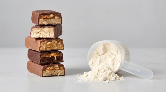Stack of chocolate energy protein bars next to a scoop of whey protein powder on a white background
