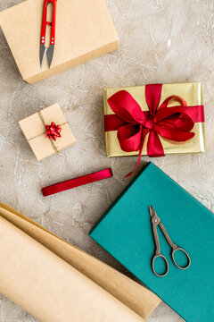 wrapping gifts in box for holiday top view mock up