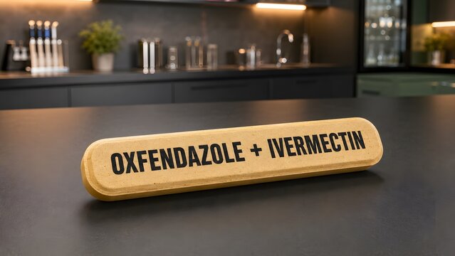 A single elongated ochre veterinary bolus sits on a dark charcoal grey kitchen counter surface with countertop blurred kitchen labeled medication names