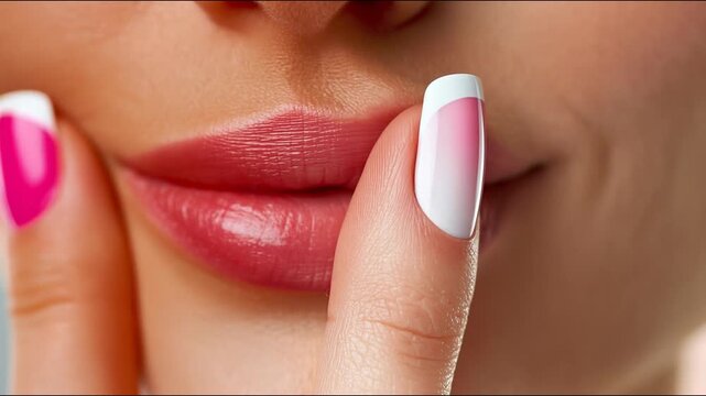 Close-up of a woman's face with a finger over her lips in a shushing gesture, featuring pink and white manicured nails.
