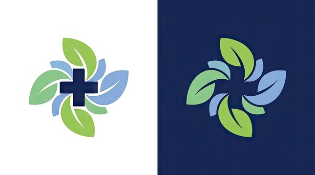 Medical cross logo with natural green and blue leaves.