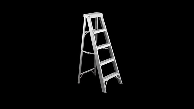 A modern white folding step ladder isolated on a dark black background. Perfect for home improvement visual overlays, construction marketing graphics, maintenance video ads, success concepts, and high
