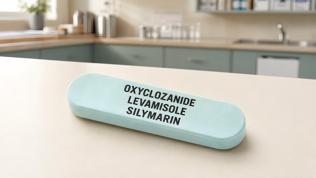 A pale aqua veterinary bolus tablet sitting on a clean clinic counter in a laboratory with professional clinic environment surface inside professional