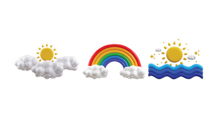 Obraz premium 3D Weather Icon Collection with Rainbow, Cloud with Sun and Sunrise for Weather Forecast, Climate and Nature Vector Illustration