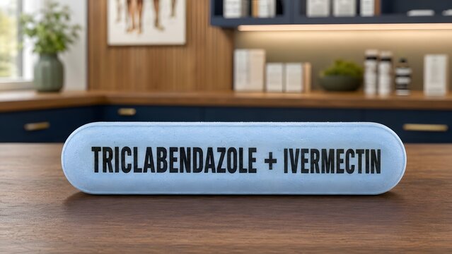 Large blue veterinary tablet labeled with medication names  resting on a dark wooden table surface with tablet placed horizontally against blurred background