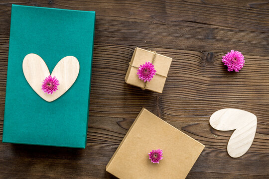 wrapping gifts in box for holiday top view mock up