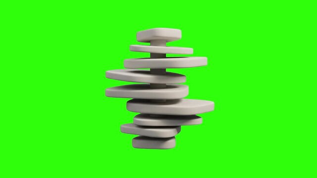 A clean minimalist stack of smooth grey balancing stones or discs forming a spiral tower isolated on a solid green chroma key background. Ideal for zen wellness visuals, meditation promos, balance con