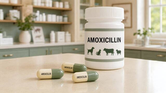 Veterinary medicine bottle with amoxicillin capsules placed on a counter in a clinic dispensary with countertop veterinary pharmacy amoxicillin medication sit