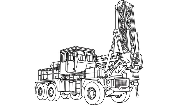 Heavy drilling rig line art on white background.
