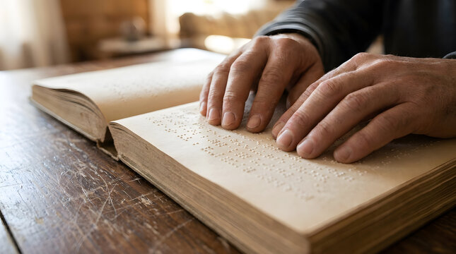 Visually Impaired Person Reading Book with Braille Fingerprints | Close Up of Hands Reading Raised Dot Braille Text | Blind Person Reading Braille Script on Open Book Pages 