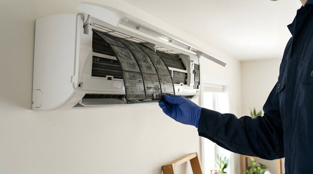 Technician Removing Dirty Filter from Indoor Air Conditioning Unit | AC Unit Filter Cleaning and Maintenance Service by Professional Technician | Gloved Hand Pulling Dusty Mesh Filter from Split AC