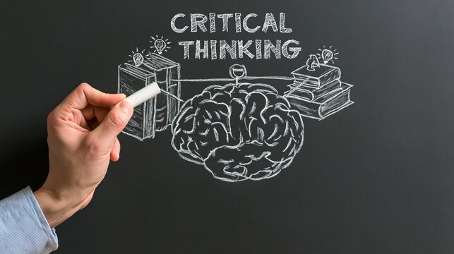 Human hand pointing to books and a brain below critical thinking text on blackboard, ideal for education, problem solving and analytical learning.