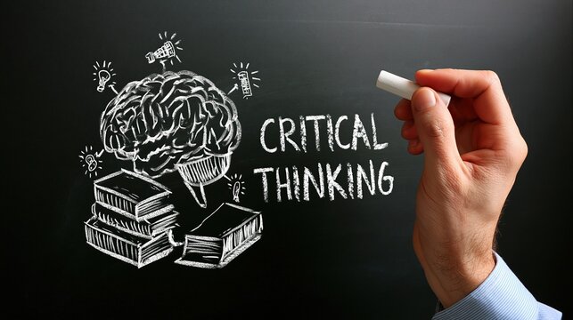 Human hand finishing a brain stacked on books beside critical thinking text and idea icons, ideal for education, reasoning and creative problem solving.