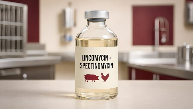 A veterinary medicine vial containing a solution of lincomycin and spectinomycin on a laboratory table with clinical laboratory setting liquid medication labeled