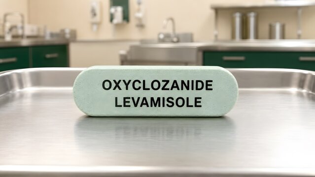 A single veterinary medicine bolus sits on a stainless steel tray in a laboratory setting with clinical veterinary facility medicinal bolus printed oxyclozanide and levamisole