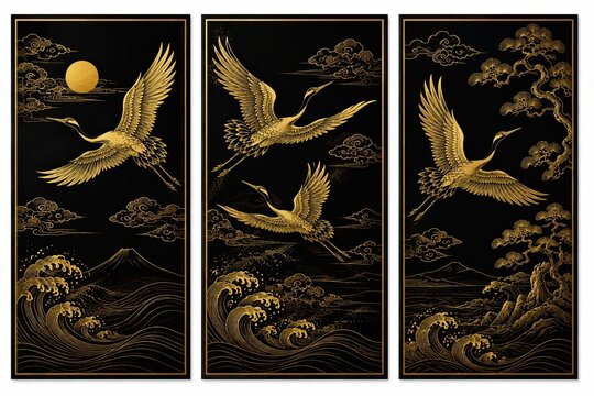 Three panel wall art with gold flying cranes on a black background