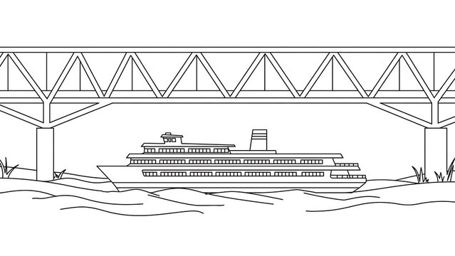 Cruise ship under bridge white background.