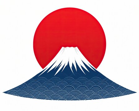 Mount fuji mountain icon with a big red sun circle in the background